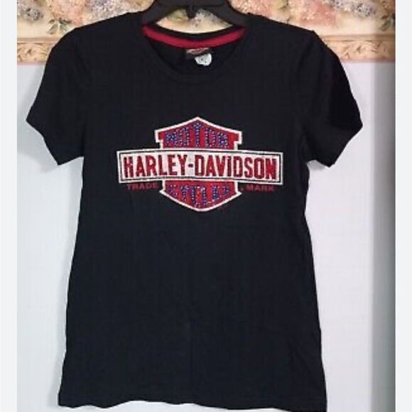 Y2K Harley Davidson Logo Biker Sparkly Red Blue Casual Black Cap Sleeve Top XL - Picture 7 of 16